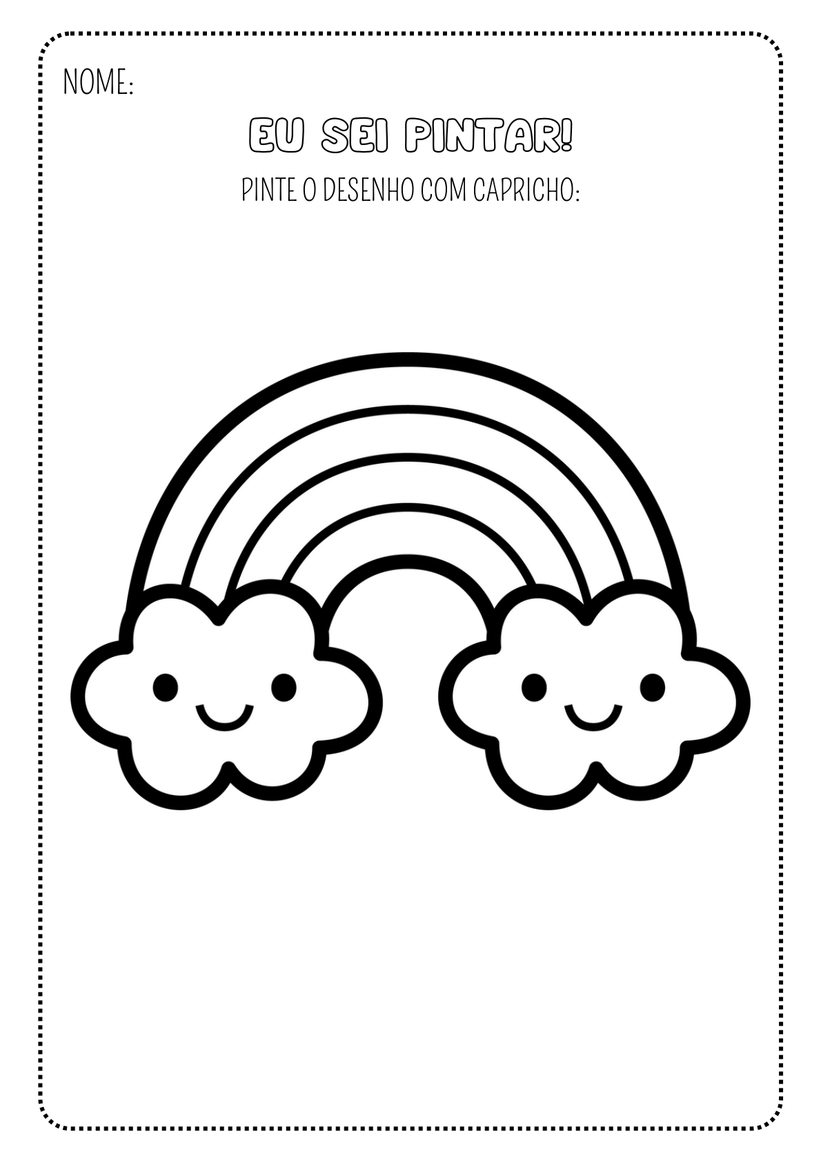 Arco-íris com nuvens sorridentes — atividade do Super Kit Vamos Pintar