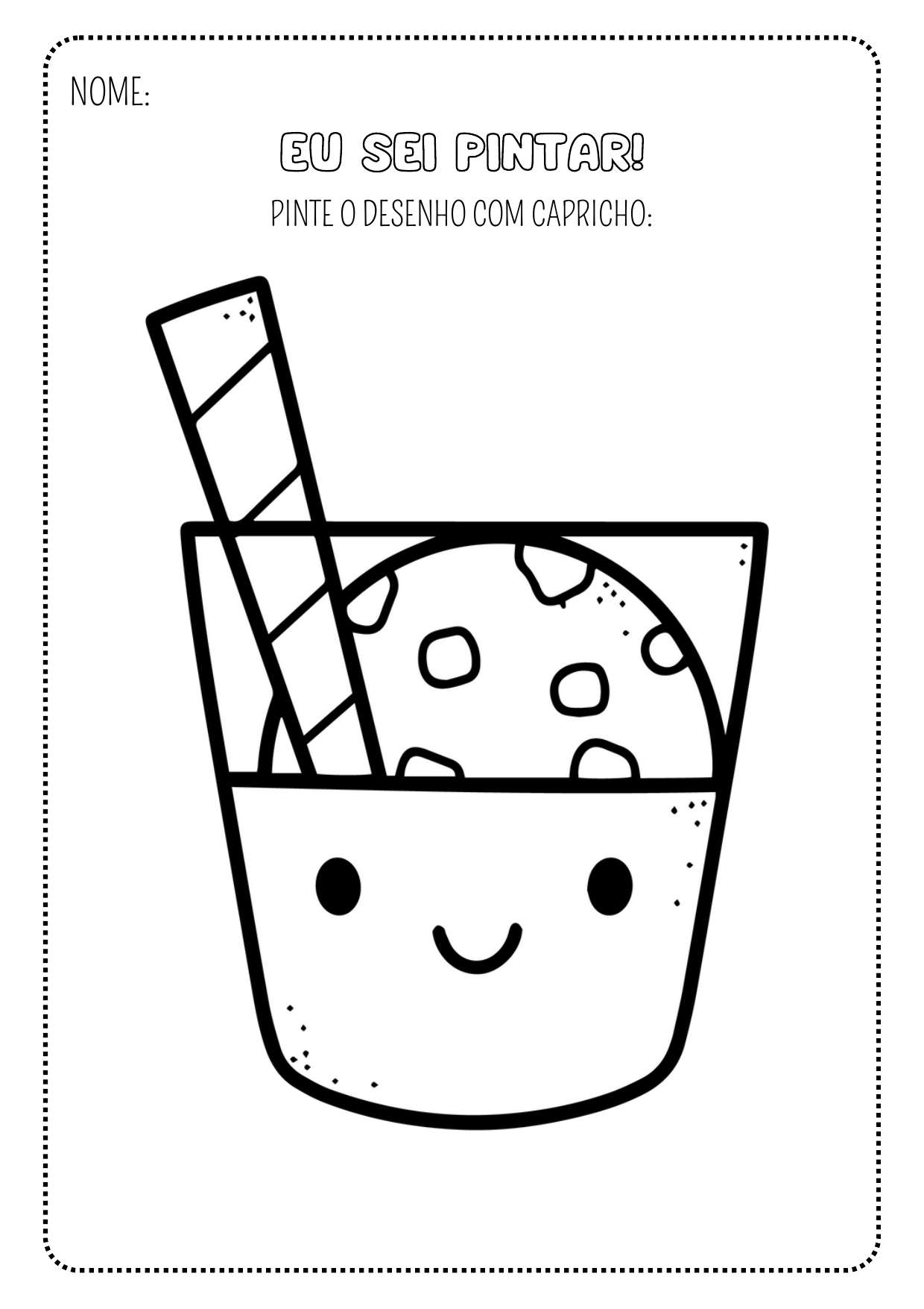 Copinho de lanche divertido sorrindo — atividade do Super Kit Vamos Pintar
