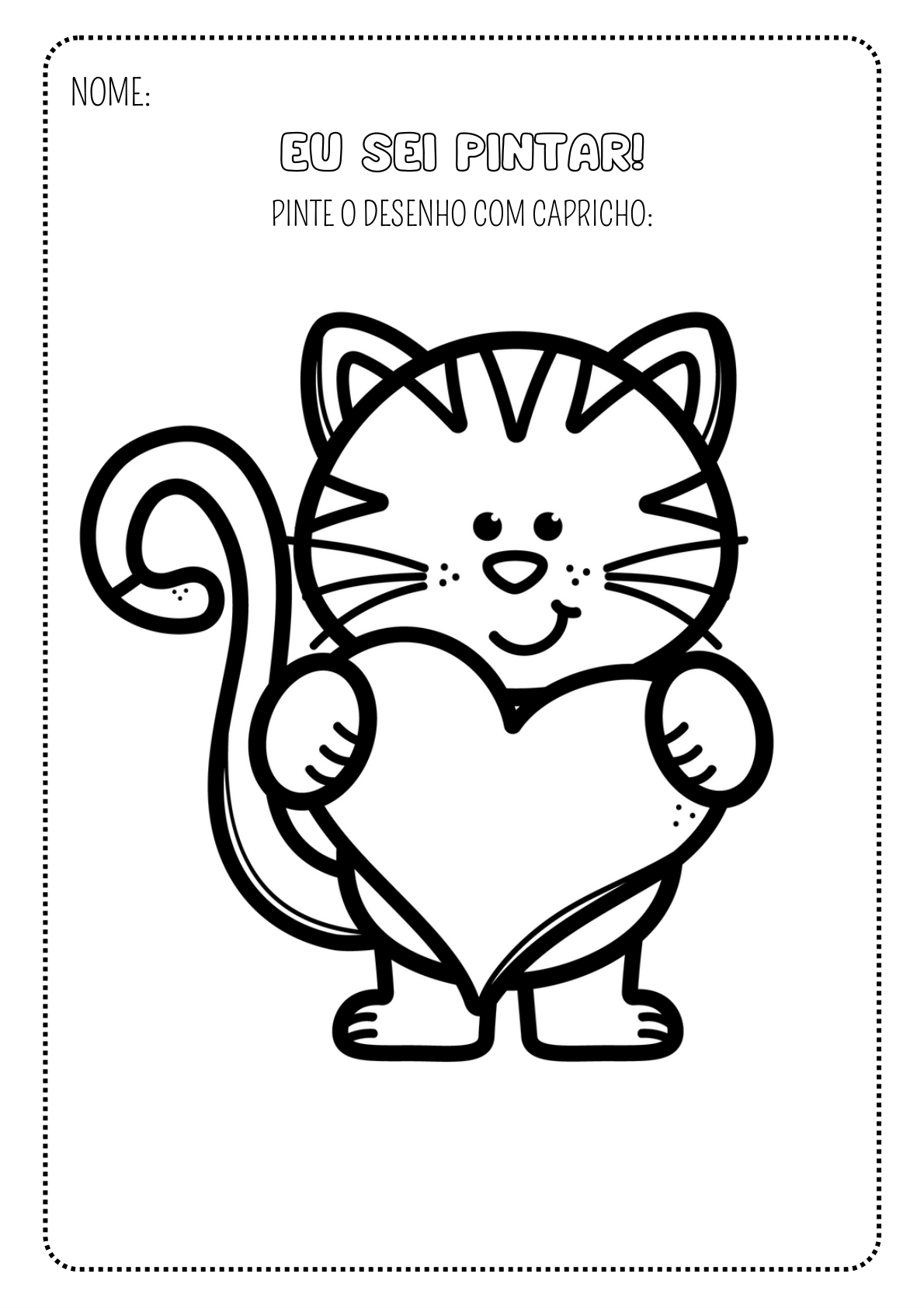 Gatinho segurando um coração — atividade do Super Kit Vamos Pintar