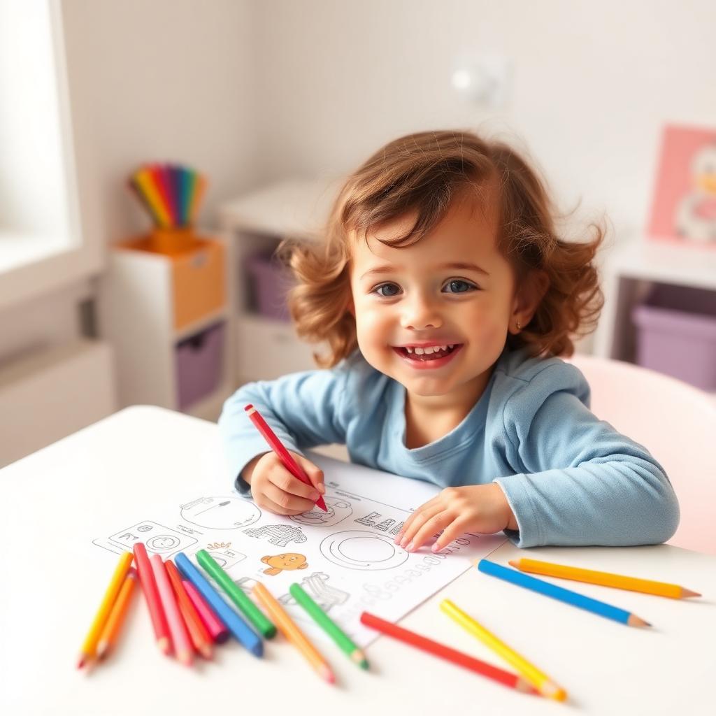Criança sorrindo enquanto pinta uma atividade impressa do Super Kit Vamos Pintar sobre a mesa